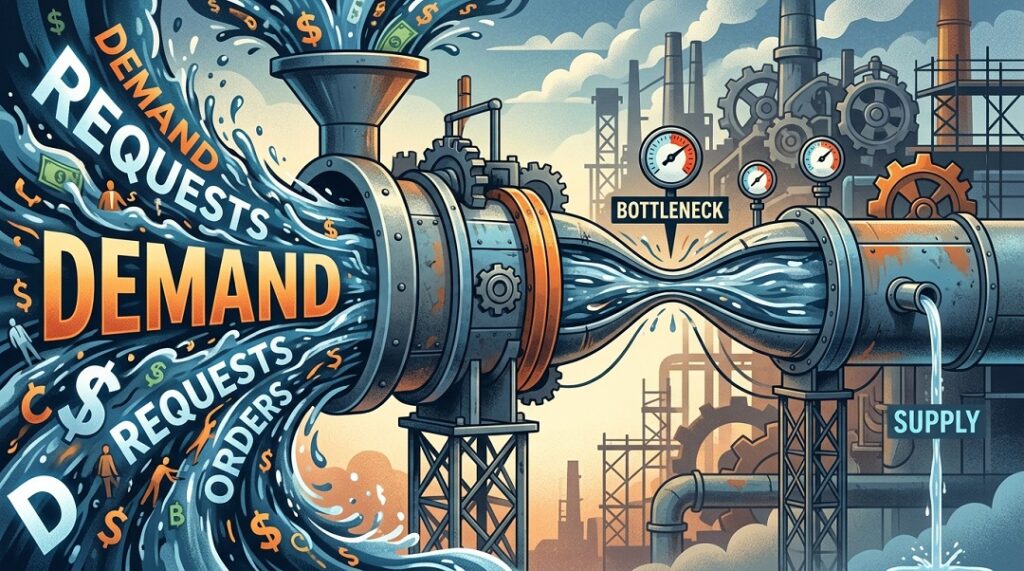 AI demand outpacing supply concept illustration with bottleneck metaphor