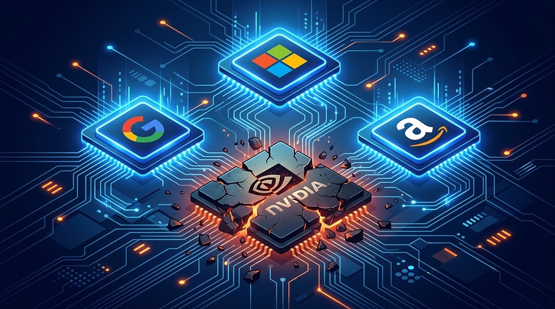 Isometric digital illustration showing Google, Microsoft, and Amazon breaking away from Nvidia with their own custom AI chips – representing the shift from GPU dependence to in‑house silicon design.